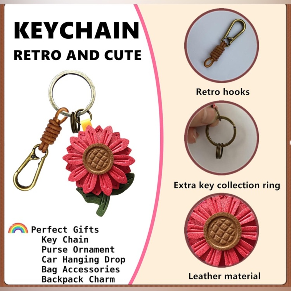 Leather Flower Keychain or Bag Charm with Gold Clip - Picture 4 of 10
